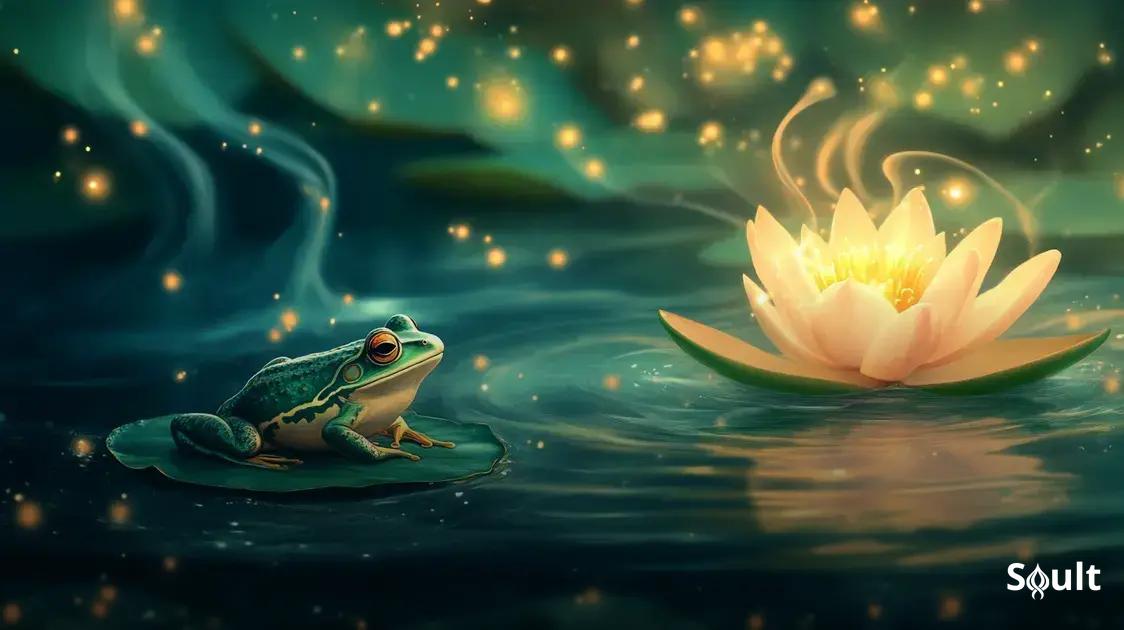Imagem representativa de um sapo em um ambiente onírico, simbolizando transformação e novos começos, com tons vibrantes de verde e azul.